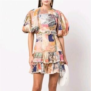 ZIMMERMANN Multi-Color Linen Anneke Ruffle Hem Patchwork Mini Dress Sz 2